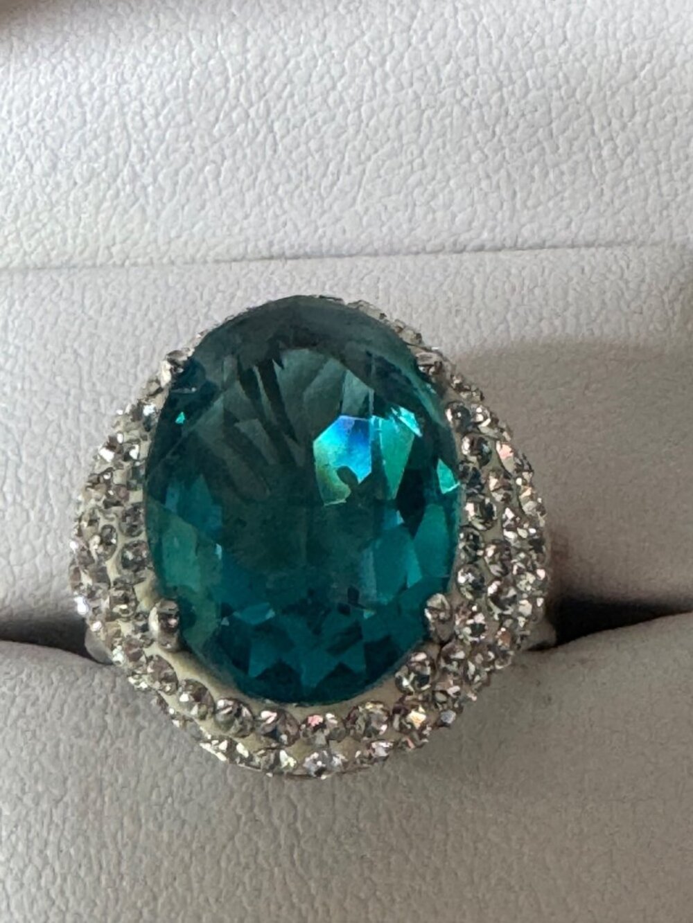 Sterling Silver Teal Blue Glass CZ Halo Statement Ring Women Size 9 10.88g - Picture 2 of 7